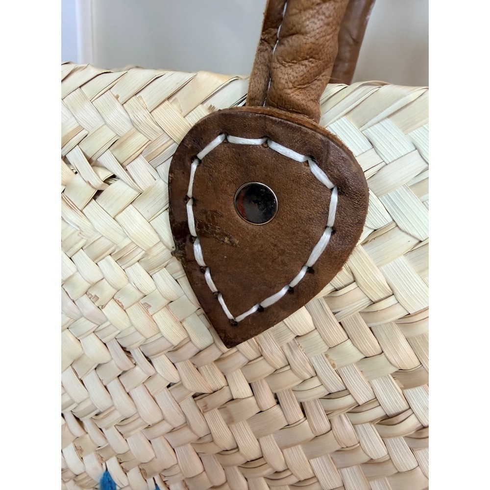 Poolside Medium Beach Tote Straw Basket Bag Embroidered Word Blue Tan Medium - Picture 14 of 16